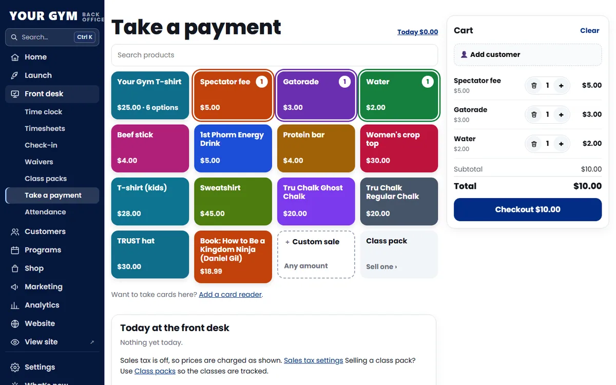 Take a payment register with plus and minus buttons for spectator fees, drinks and apparel (sample data)