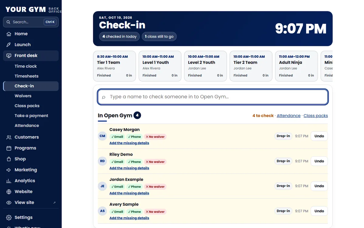 Check-in with today's classes, a live clock and what each person still needs (sample data)