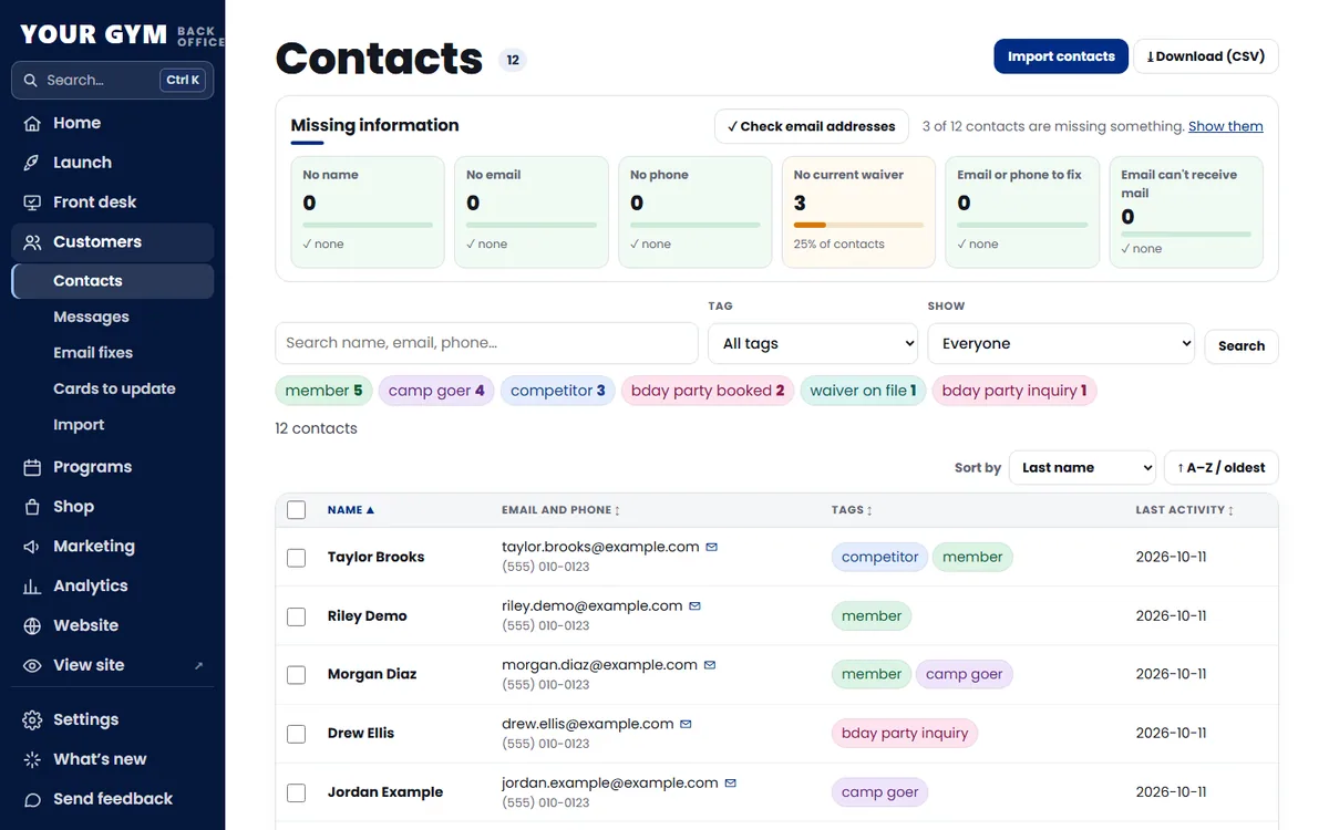 Contacts with colored tags and the Missing information panel (sample data)