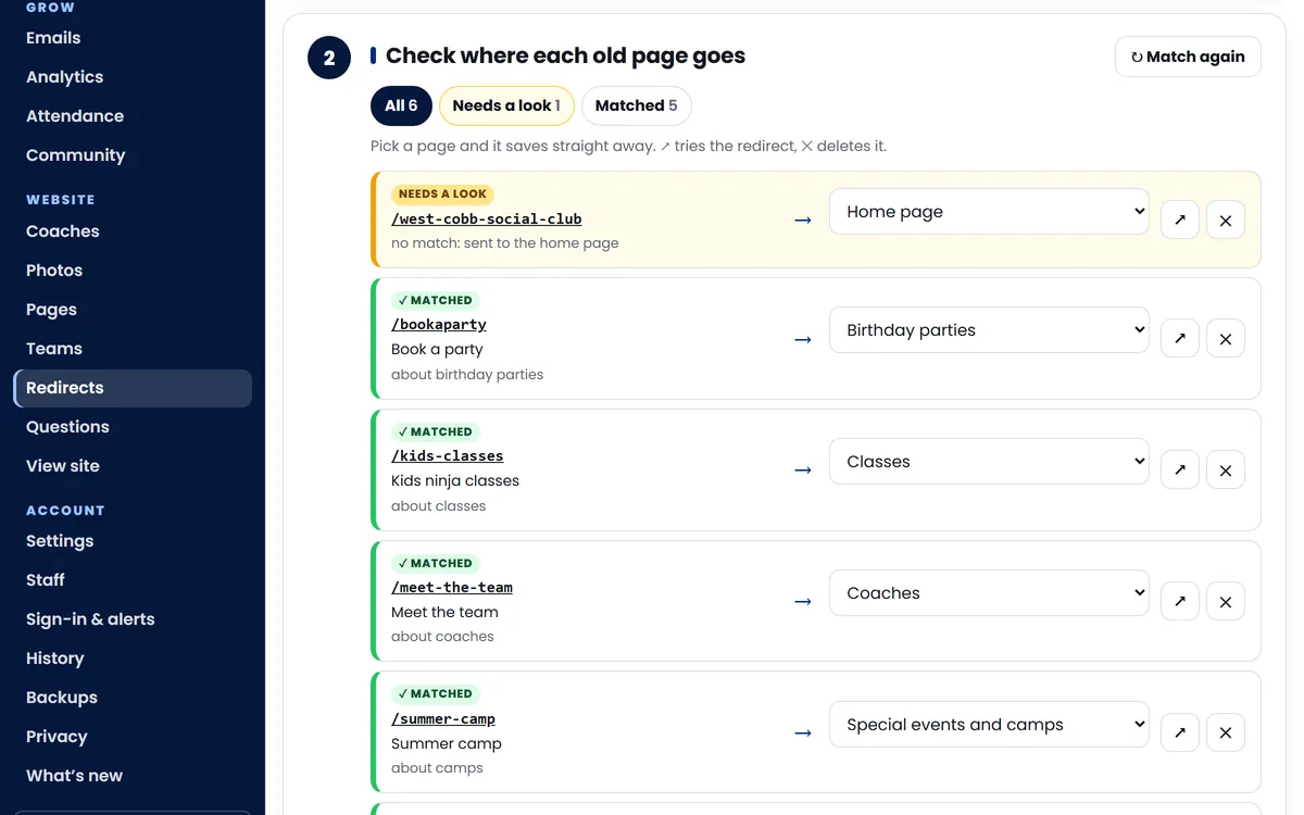Redirects from the old website, matched to the new pages (sample data)