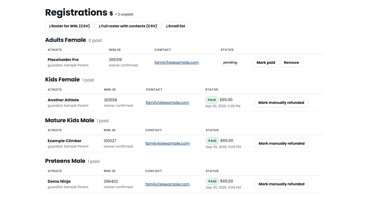 Roster by division with paid status and refund buttons (sample data)