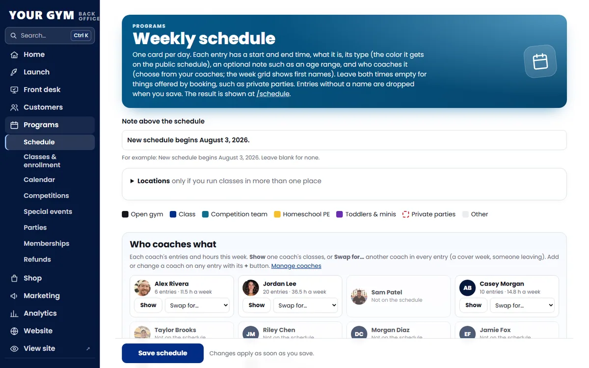 Schedule editor with one card per weekday