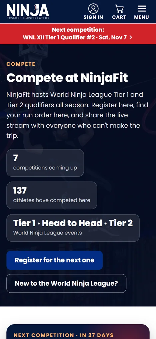 NinjaFit competitions page on a phone