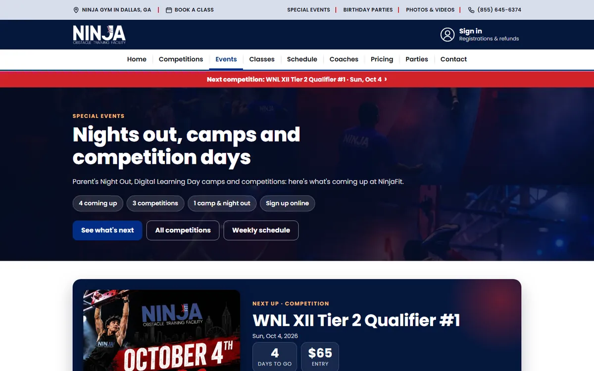 Special events page with a Next up spotlight