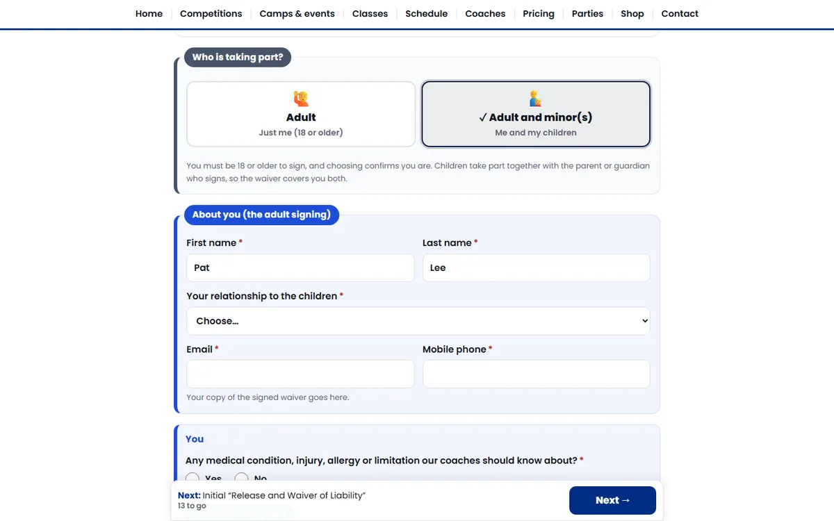 NinjaFit's waiver, signed online