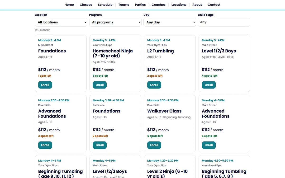 Book a class page with filters and class cards showing price and spots left (sample data)