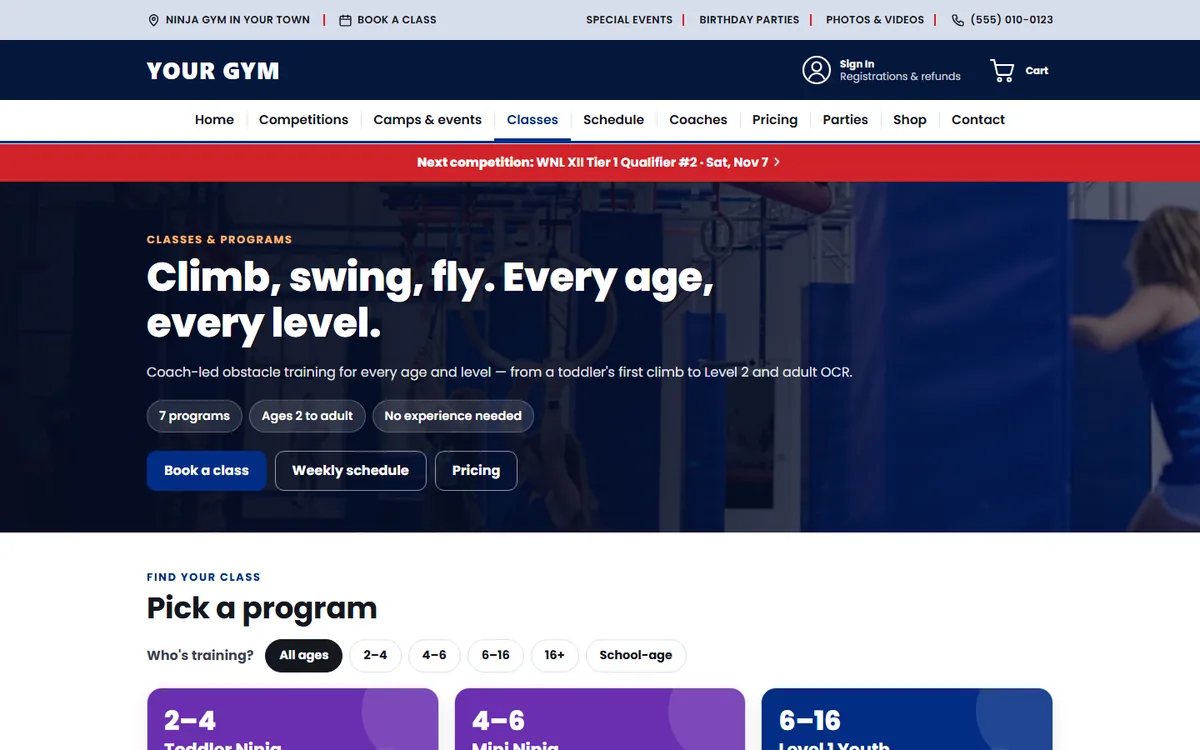 Classes page with a Who's training age picker and color-coded programs