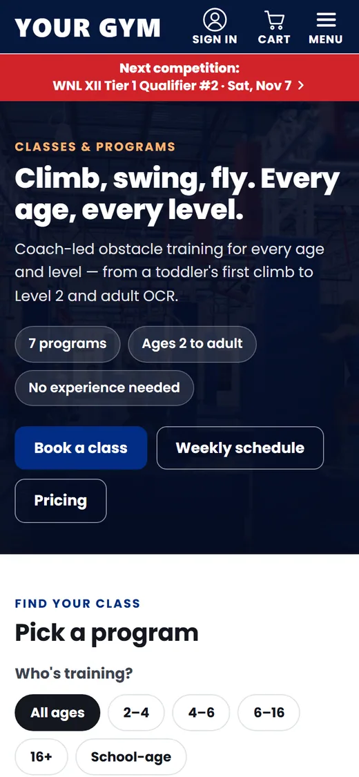 Classes page on a phone