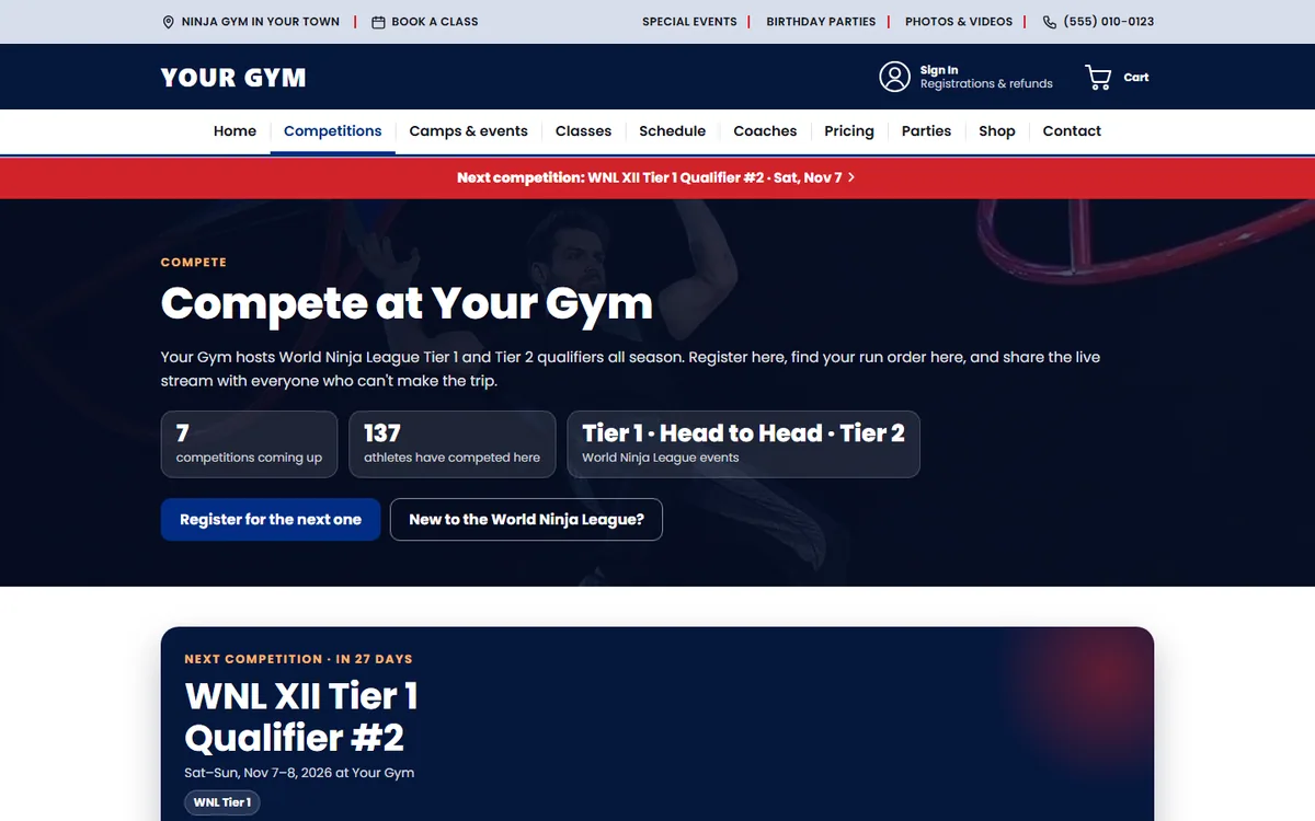 A gym's competitions page with the next league event and a countdown