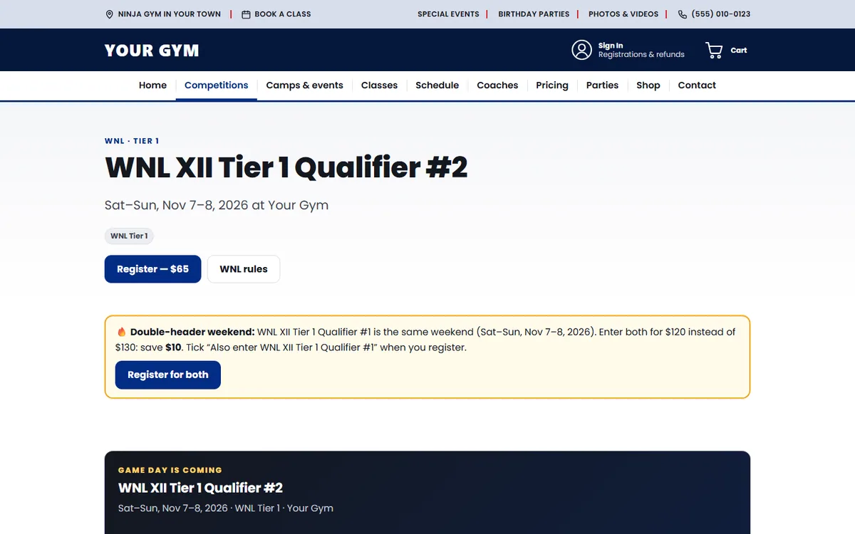 A WNL competition page at a host gym