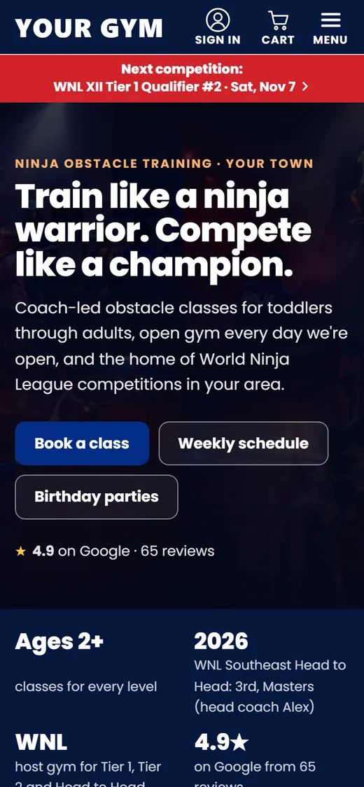 A ninja gym home page on a phone