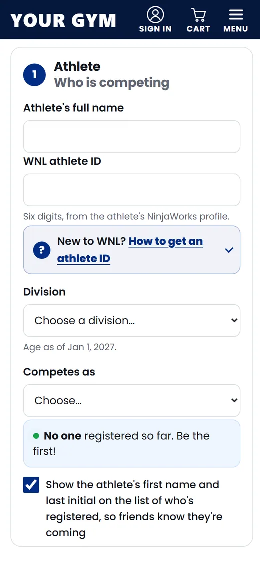 Registration form on a phone