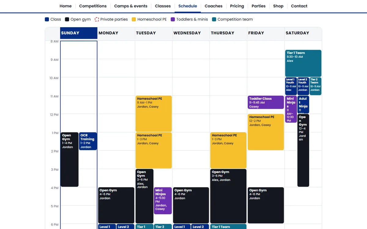 Weekly schedule grid with color-coded classes and coaches
